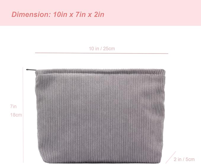 PAZIMIIK Makeup Bag Large Zipper Corduroy Make Up Pouch for Purse Travel Canvas Cosmetic Organizer for Women Brush Storage,Grey