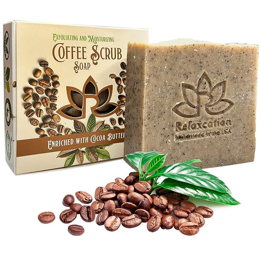 Relaxcation 100% Coffee Scrub Soap Bar with Fresh Ground Coffee and Cocoa Butter - Scrub Cold Process Soap with Cafe Latte Aroma Oil - Good Scrubbing Effect - Body Exfoliating and Moisturizing