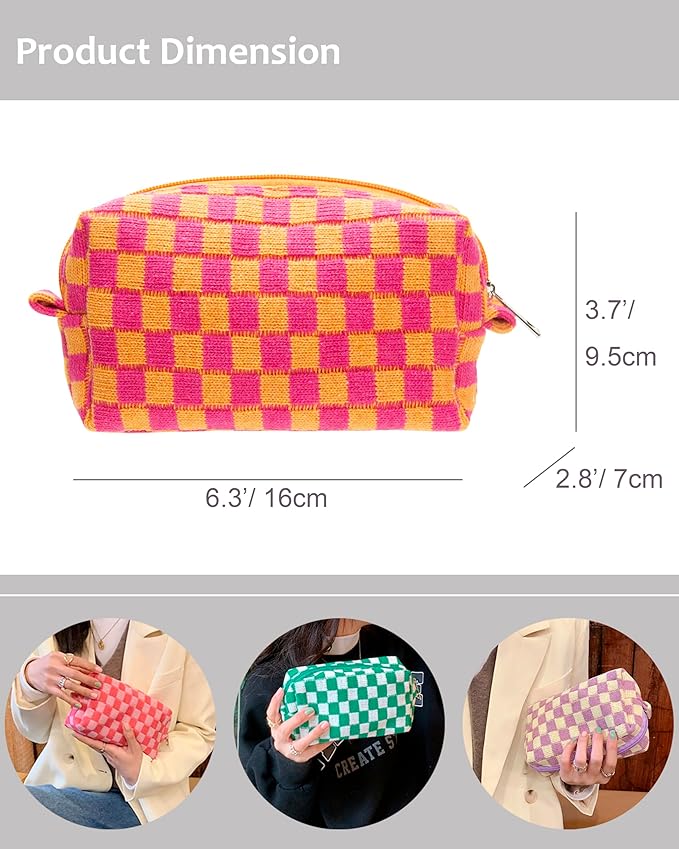 PAZIMIIK Checkered Makeup Bag for Purse Portable Zipper Make Up Pouch Small Cosmetic Case for Travel Red Orange