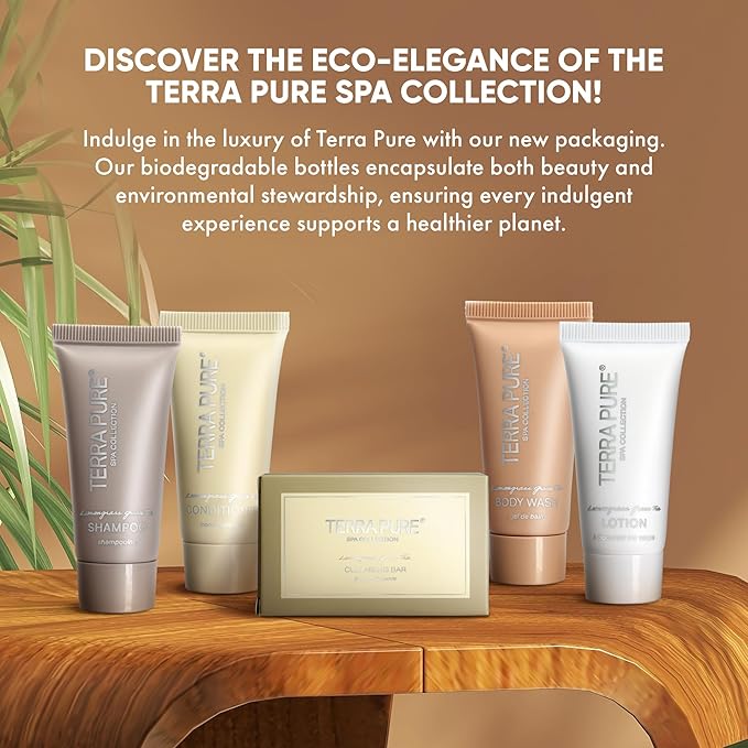 Terra Pure Spa Collection Bulk Set Toiletries | 1-Shoppe All-In-Kit Amenities for Hotels & Airbnb | 0.85 oz Hotel Shampoo & Conditioner, Body Wash, Lotion & Cleansing Bar Travel Size Tubes| 300 Pieces