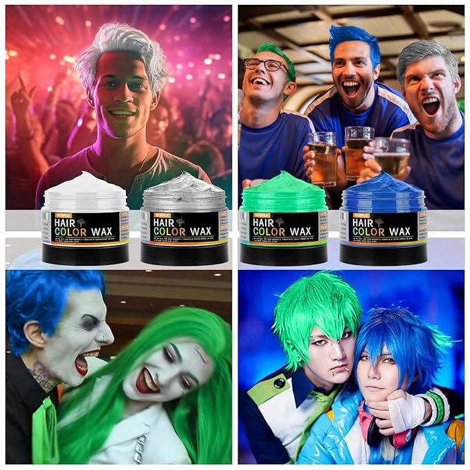 4oz Temporary Hair Color Wax for Men Women Kids Daily Party Cosplay Halloween DIY Washable Hair Wax Color Natural Instant Hair Paint Wax (White&Gray&Green&Blue, 5pcs)