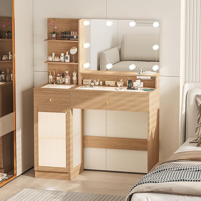 40" Vanity Desk with Large Mirror and Lights, Modern Glass Top Makeup Vanity Set with Power Outlet, Drawers and Cabinet, 3 Lighting Color Adjustable Dressing Table for Bedroom,Oak