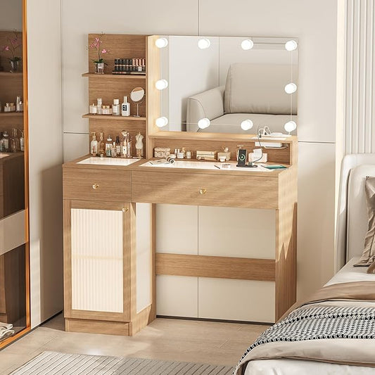 40" Vanity Desk with Large Mirror and Lights, Modern Glass Top Makeup Vanity Set with Power Outlet, Drawers and Cabinet, 3 Lighting Color Adjustable Dressing Table for Bedroom,Oak