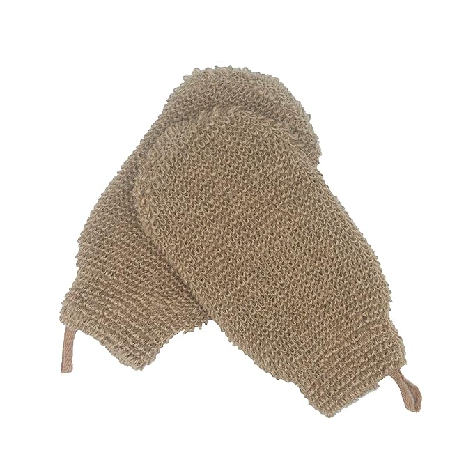 Natural Vegetable Fiber Dual Sided Exfoliating Hemp Flax Ramie Glove Hand Mitt Mitten Shaped Back and Body Shower Bath Scrubber Brown, Remove Dead Skin Machine Washable, Pack of 2