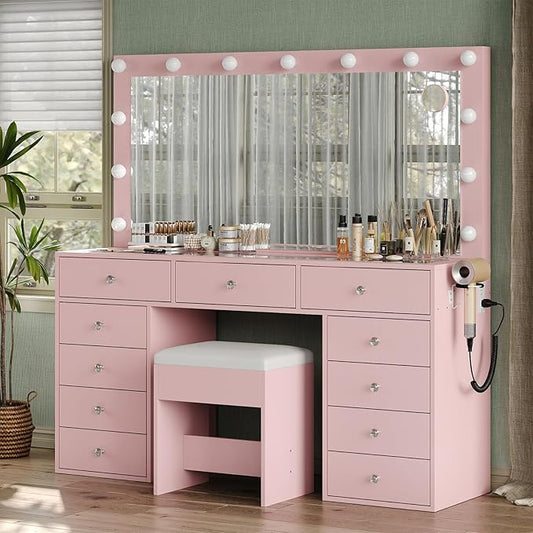 11 Drawers Makeup Vanity with Charging Station, Vanity Desk with 13 LED Bulbs and HD Mirror, 3 Color Brightness Adjustable, Glass Top Vanity Set for Bedroom, Pink
