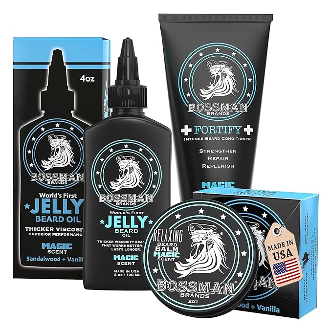 Bossman Essentials Beard Kit for Men, Set of 3 - Beard Oil Jelly, Fortifying Conditioner Cream, Beard Balm - Grooming Growth Care Accessories (Magic)