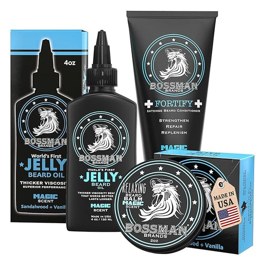 Bossman Essentials Beard Kit for Men, Set of 3 - Beard Oil Jelly, Fortifying Conditioner Cream, Beard Balm - Grooming Growth Care Accessories (Magic)
