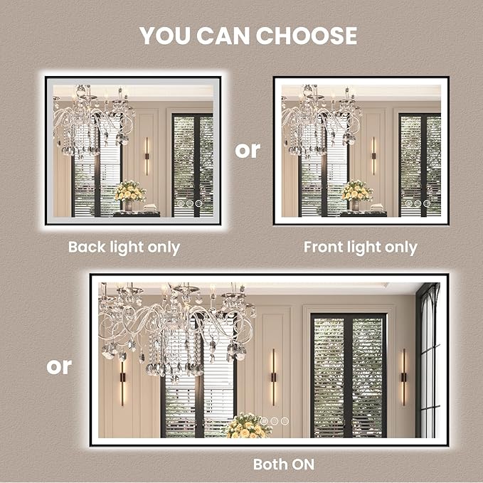 Amorho 24"x 36" LED Bathroom Mirror with Black Frame, Front Light and Backlit(Controlled Separately), Stepless Dimmable, Anti-Fog, Shatter-Proof, 3 Colors, Memory
