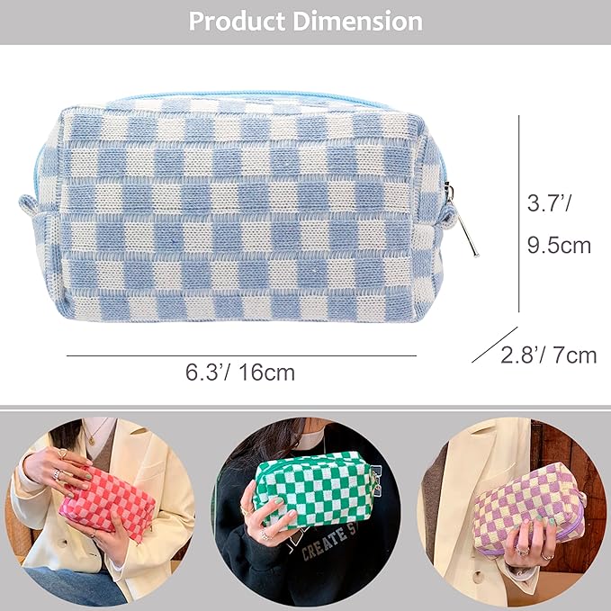 PAZIMIIK Checkered Makeup Bag for Purse Portable Zipper Make Up Pouch Small Cosmetic Case for Travel Accessories (6PCS Blue)
