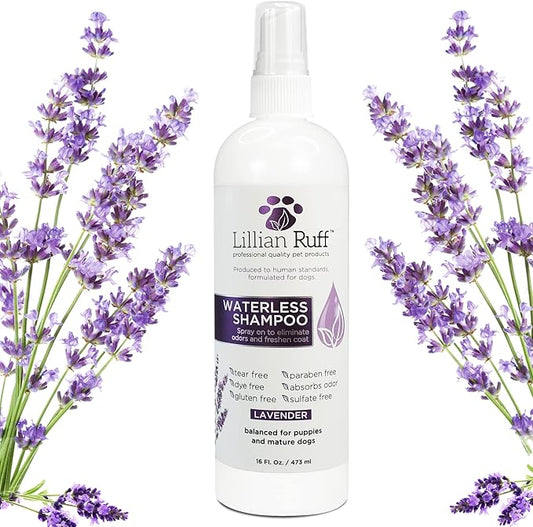 Lillian Ruff Waterless No-Rinse Dog Dry Shampoo Spray with Hydrating Essential Oils - pH-Balanced Dry Shampoo for Dogs - Clean, Condition, Detangle & Deodorize Dry, Sensitive Skin (Lavender)