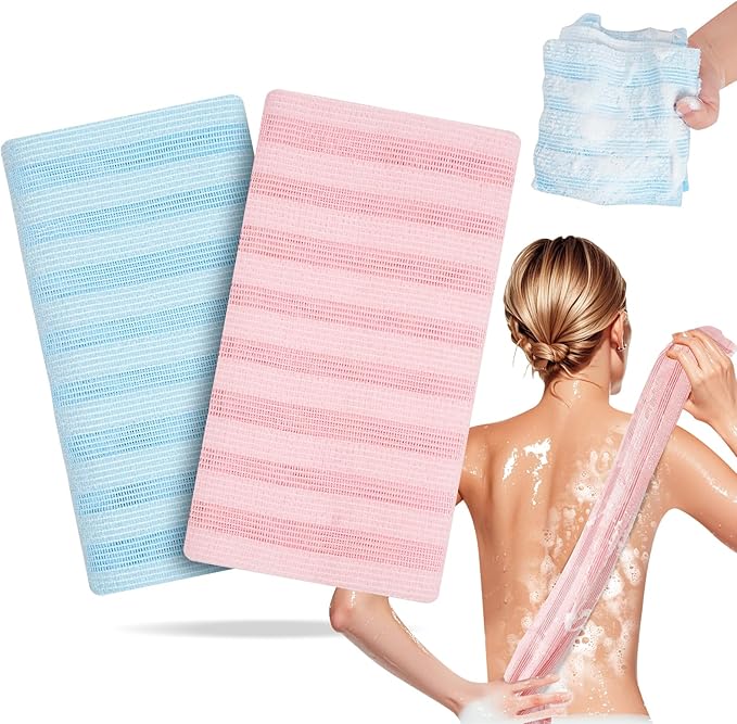 Exfoliating Washcloth Shower Towel - 2 Pack Back and Body Scrubbers for Smooth Skin | Quick-Drying, Durable, and Gentle for Sensitive Skin (Pink+Blue)