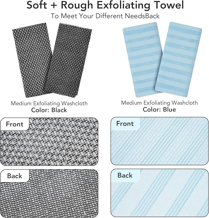 Exfoliating Washcloth Shower Towel - 2 Pack Back and Body Scrubbers for Smooth Skin | Quick-Drying, Durable, and Gentle for Sensitive Skin (Gray+Blue)