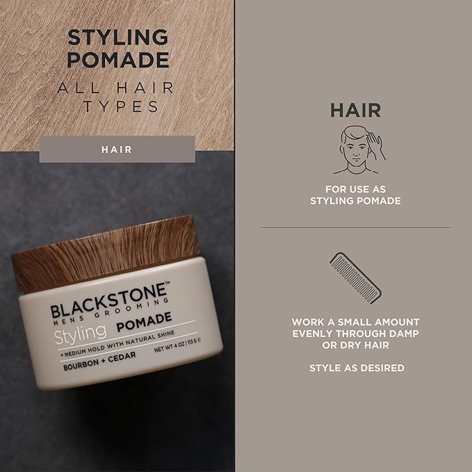 Blackstone Men's Grooming Hair Styling Pomade - Medium Hold with Natural Shine | Paraben & Cruelty | Made in USA, Bourbon + Cedar (4 Oz, 2 Pack)