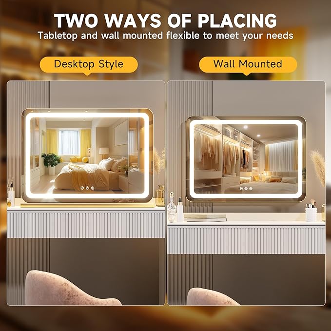 Hasipu Vanity Mirror with Lights, 31.5" x 22" LED Makeup Mirror, Lighted Makeup Mirror with Dimmable 3 Modes, Touch Screen Control Vanity Mirror Round Gold