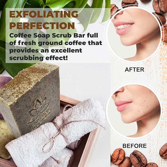 100% Handmade Coffee Scrub Soap Bar with Fresh Ground Coffee and Cocoa Butter - Cold Process Soap with Latte Aroma Oil - Good Scrubbing Effect - Perfect for Body Exfoliating and Moisturizing (3 bars)