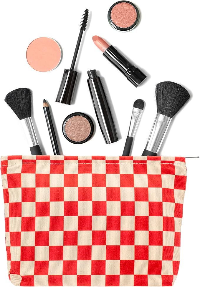 PAZIMIIK Makeup Bag Large Zipper Corduroy Make Up Pouch for Purse Travel Canvas Cosmetic Organizer for Women Brush Storage,Checkered Red