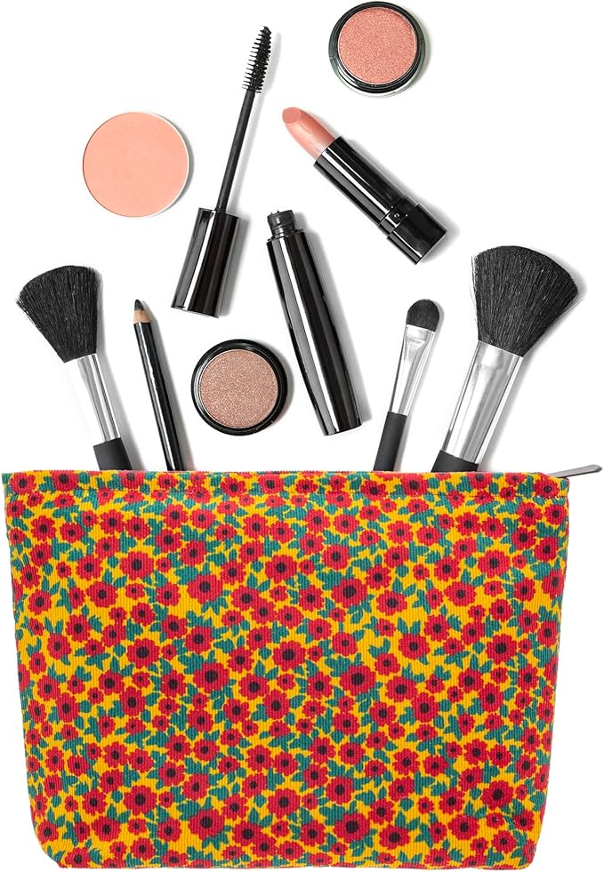 PAZIMIIK Makeup Bag Large Zipper Corduroy Make Up Pouch for Purse Travel Canvas Cosmetic Organizer for Women Brush Storage,Floral Red