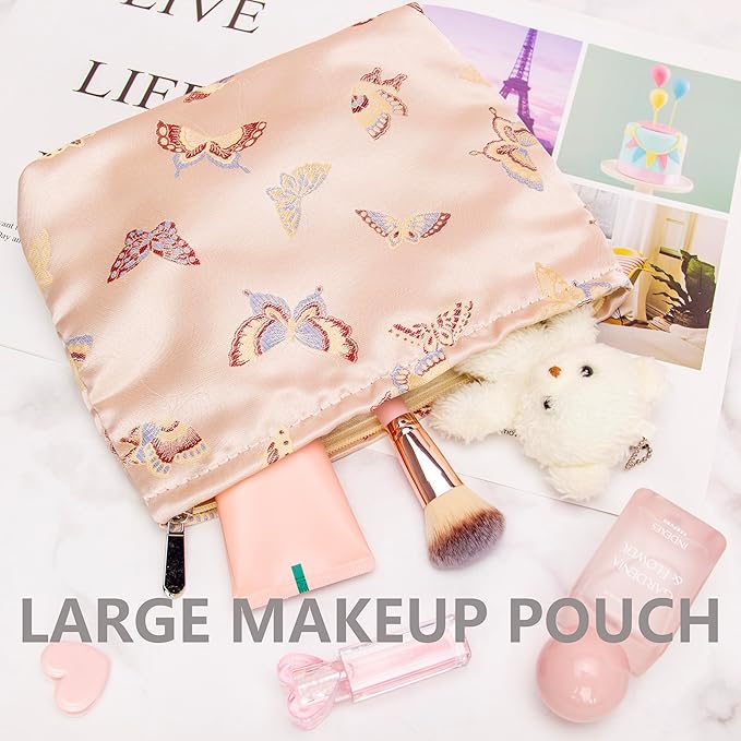 Makeup Bag Large Cotton Zipper Pouch for Purse Travel Canvas Make Up Organizer for Women Cosmetic,Butterfly Pink