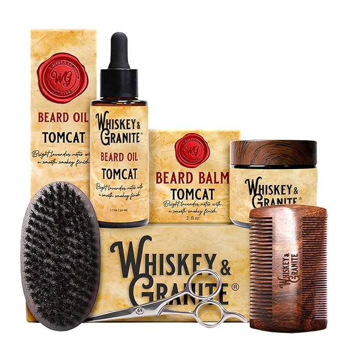 Whiskey & Granite Beard Kit for Men – 100% Natural Ingredients (Tomcat). Includes beard oil and balm, comb, brush, and scissors.