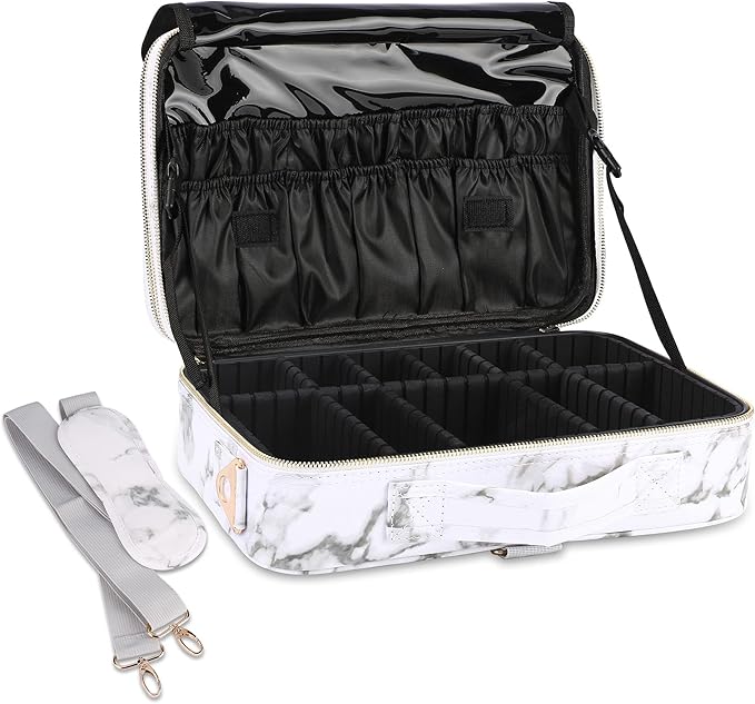 JOURMON Travel Makeup Case 3 Layers Makeup Train Case Marble Makeup Bag Organizer Portable Artist Storage Bag with Adjustable Dividers and Shoulder Strap (Marble white)