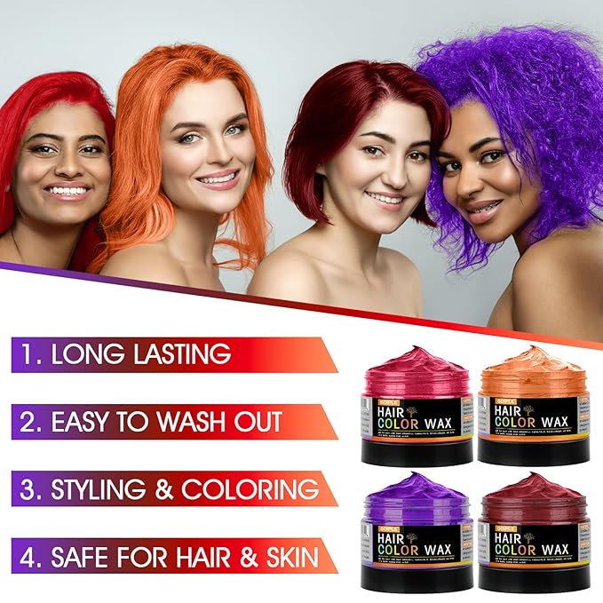 4oz Temporary Hair Color Wax for Men Women Kids Daily Party Cosplay Halloween DIY Washable Hair Wax Color Natural Instant Hair Paint Wax (Red&Orange&Claret&Purple, 5pcs)