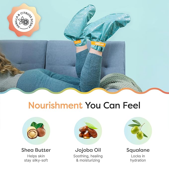 ZenToes Moisturizing Foot Mask for Dry Cracked Feet | Shea Butter, Jojoba Oil & Squalane Infused Hydrating Sheet Masks | Spa Experience At Home | Mess Free Design | Vanilla Citrus Scented, 1 Pair