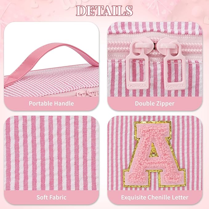 Travel Makeup Bag for Women, 2Pcs Portable Personalized Initial Makeup Organizer Bag, Open Flat Large Cosmetic Bag With Travel Essential Pouch (Pink Letter D)