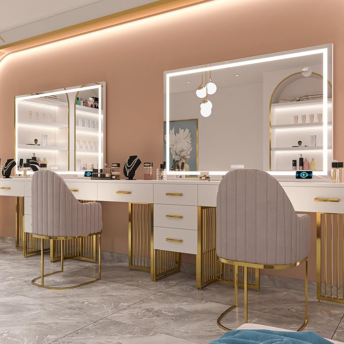 Hasipu Vanity Mirror with Lights and Bluetooth Speaker, 42" x 29.5" LED Makeup Mirror, Lighted Makeup Mirror with Dimmable 3 Modes, Touch Screen Control Vanity Mirror Square White