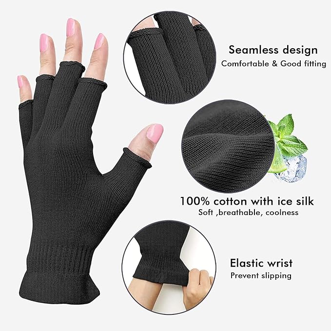 MIG4U Fingerless Moisturizing Gloves, Half Finger Touchscreen Beauty Glove for Eczema, SPA, Dry Hands, Skin Treatment, Summer Sun UV Protection (S/M, Black-1pair)