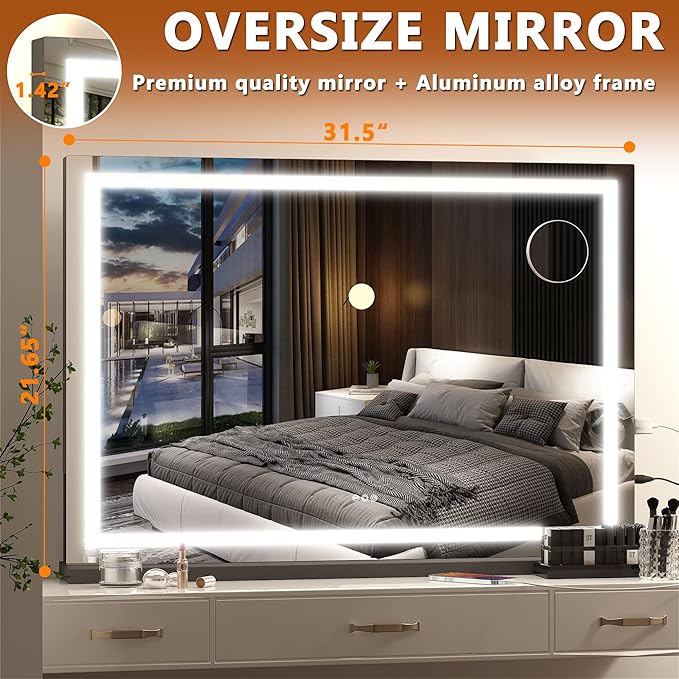 Hasipu Vanity Mirror with Lights, 32" x 22" LED Makeup Mirror, Lighted Makeup Mirror with Dimmable 3 Modes, Touch Screen Control Vanity Mirror Square Black