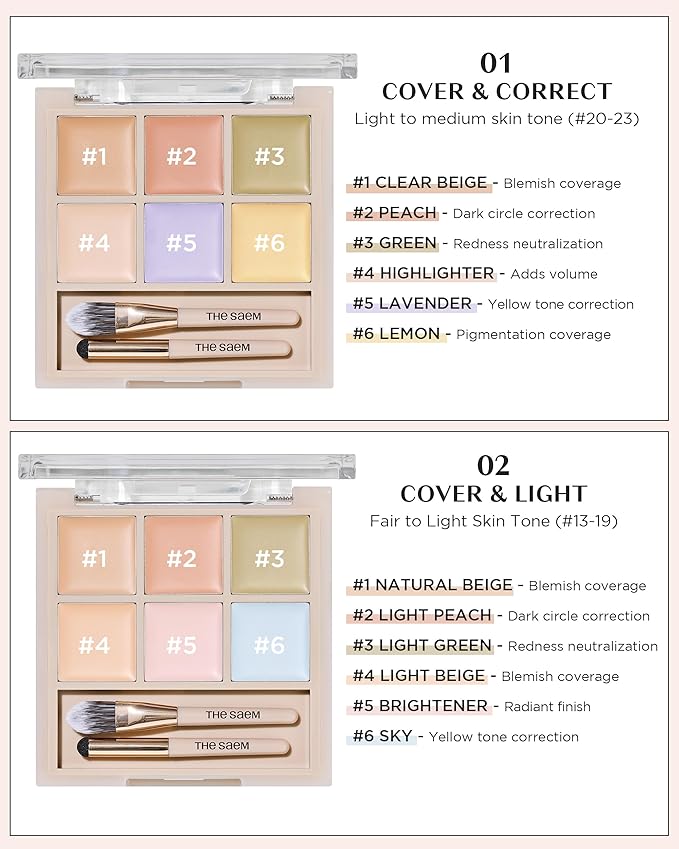 THESAEM Cover Perfection Concealer Palette 01 Cover&Correct - Multi Use 6 Colors Correcting Conceal Palette - for Dark Circles, Imperfections, Face Tone Corrector, Ideal for Fair to Light Skin