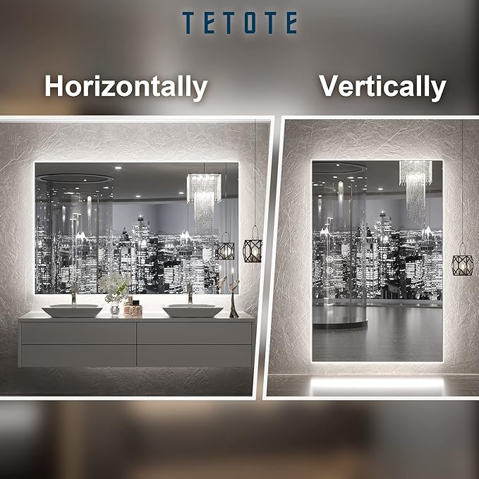 TETOTE 48 x 30 LED Backlit Bathroom Mirror with Light,3Color White/Warm/Natural,Anti-Fog Lighted Mirror,Dimmable,Vanity Mirror,Wall Mounted
