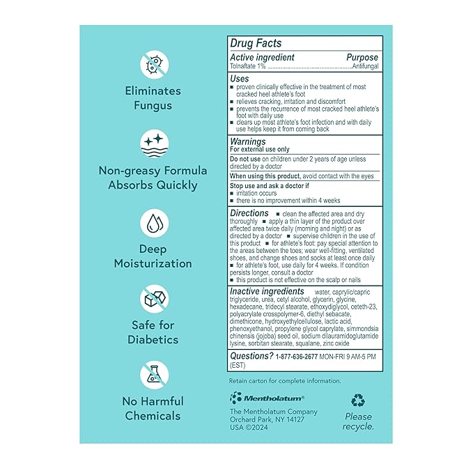Mentholatum Heel Revival, Persistent Cracked Heel Repair Treatment, 1% Tolnaftate Antifungal Cream, Antifungal Foot Treatment, Eliminates & Prevents Fungus, 1 OZ