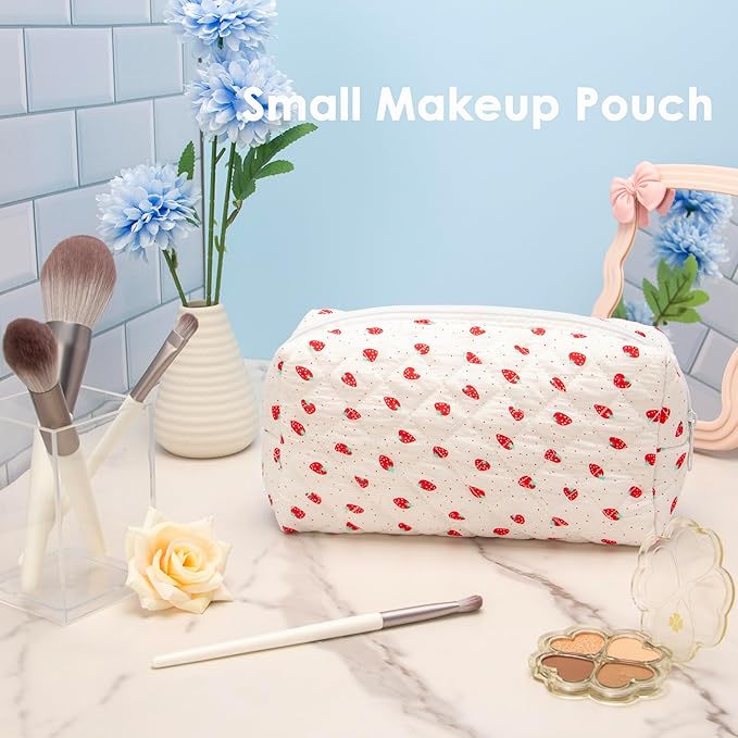 PAZIMIIK Vintage Quilted Makeup Bag Cosmetic Pouch for Brushes Pencils and Travel Make Up Accessories for Women and Girls Strawberry