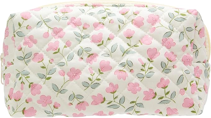 PAZIMIIK Vintage Quilted Makeup Bag Cosmetic Pouch for Brushes Pencils and Travel Make Up Accessories for Women and Girls Flower White