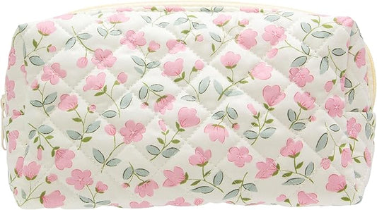 PAZIMIIK Vintage Quilted Makeup Bag Cosmetic Pouch for Brushes Pencils and Travel Make Up Accessories for Women and Girls Flower White