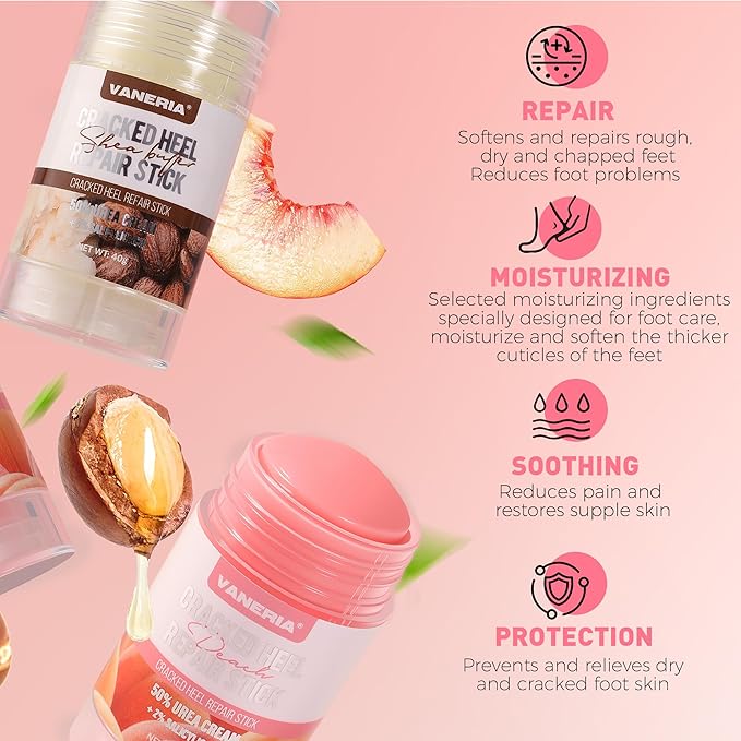 VANERIA Cracked Heel Repair Stick,Heel Balm for Dry Cracked Feet Treatment with Shea Butter & Coconut Oil,Deeply Moisturize & Soften Feet,Exfoliates Dead Skin 40g(Peach Scent)