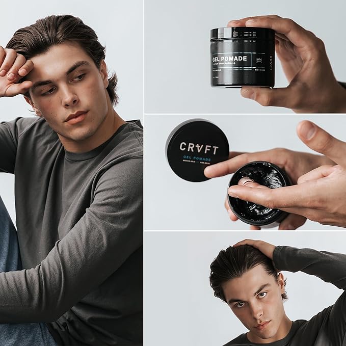 CRVFT Gel Pomade 4oz | High Shine/Medium Hold | Water Based/Water Soluble | Ideal For Short/Medium Thin/Thick Hair | For A Clean Cut Look | Men’s Styling Product [Clear], Stylist Approved [Scented]