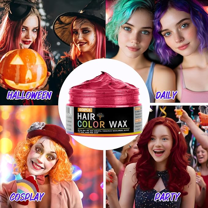6 Colors Hair Color Wax - Green Purple Orange Pink Red Blue Washable Halloween Temporary Hair Color for Kids, Men & Women | Non-Sticky Temporary Hair Dye Wax for Cosplay, Parties & Daily Fun (4 OZ)