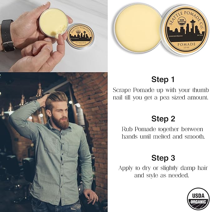 Seattle Pomade Co. USDA Certified Organic Pomade. Medium Hold & High Shine, Hair Styling Formula Non GMO, Made with organic materials from around the world.
