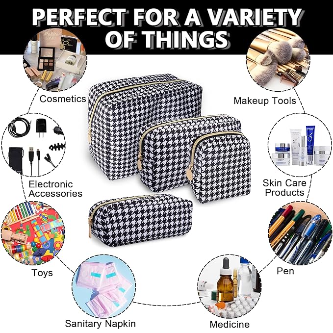Small Makeup Bag Pouch for Purse，Nylon Travel Toiletry Storage Bag Cute Houndstooth Cosmetic Bag for Women Girls，Waterproof Makeup Organizer Bag Pouch Skincare Bag with Zipper (Small-Houndstooth)