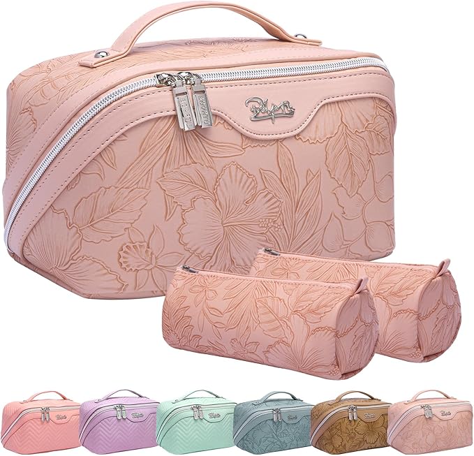 BOYATU Travel Makeup Bags Cosmetic Organizer Bag: 3-Set Large Capacity Make up Bag - PU Leather Toiletry Bags for Women - Wide Open Portable Pouch with Divider & Handle (01-Z-Pink)