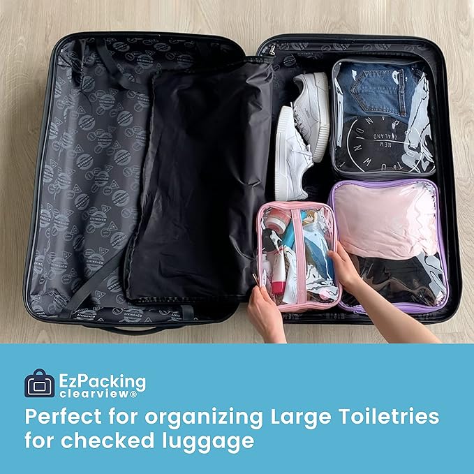 Large Cosmetic Bag for Women / Clear, See-Through Makeup, Hair & Nail Accessories Pouch for Travel or Home / Transparent PVC Plastic Organizer, Spacious Interior, Handle & Double Zippers (Blush)