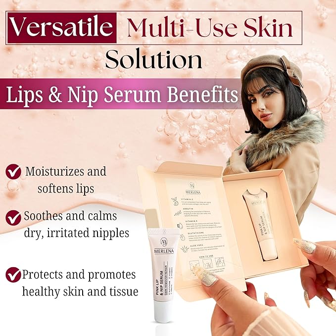 Merlena Pink Lip & Nip Serum - Hydrates and Repairs Dry, Peeling Lips and Nipples, Adds Collagen for Plumpness, Soothes Flaky Skin, Organic Vitamin C & E Formula 8ml
