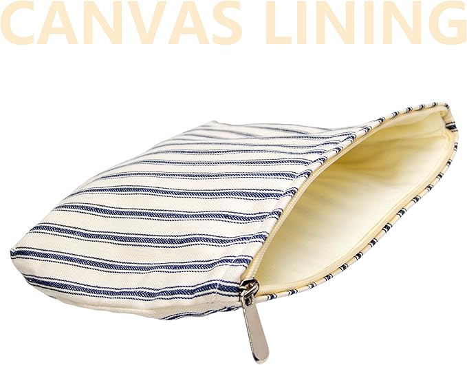 PAZIMIIK Makeup Bag Large Cotton Zipper Pouch for Purse Travel Canvas Make Up Organizer for Women Cosmetic,Vintage Stripe Navy Blue