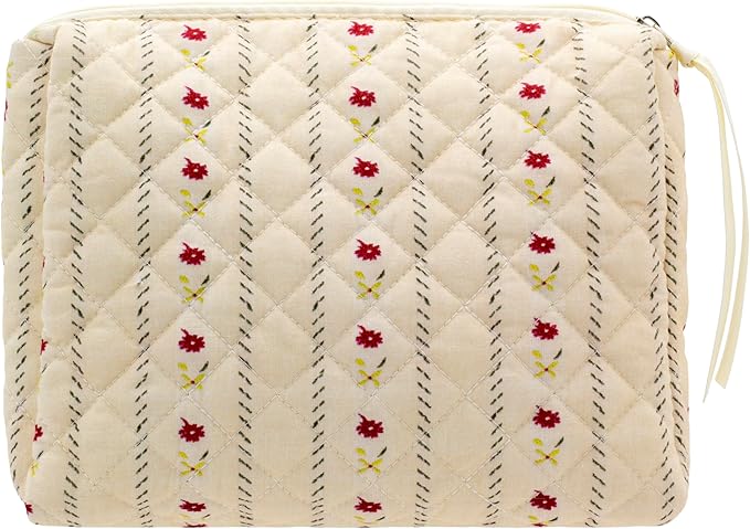 PAZIMIIK Quilted Makeup Bag Large Travel Zipper Soft Cosmetic Pouch for Women Girls Make Up,Little Flower Beige