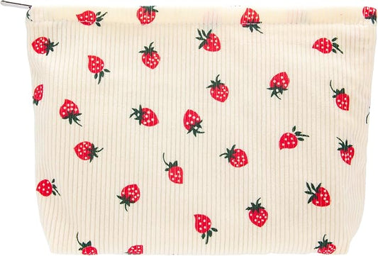 PAZIMIIK Makeup Bag Large Cotton Zipper Pouch for Purse Travel Canvas Make Up Organizer for Women Cosmetic,Strawberry Beige