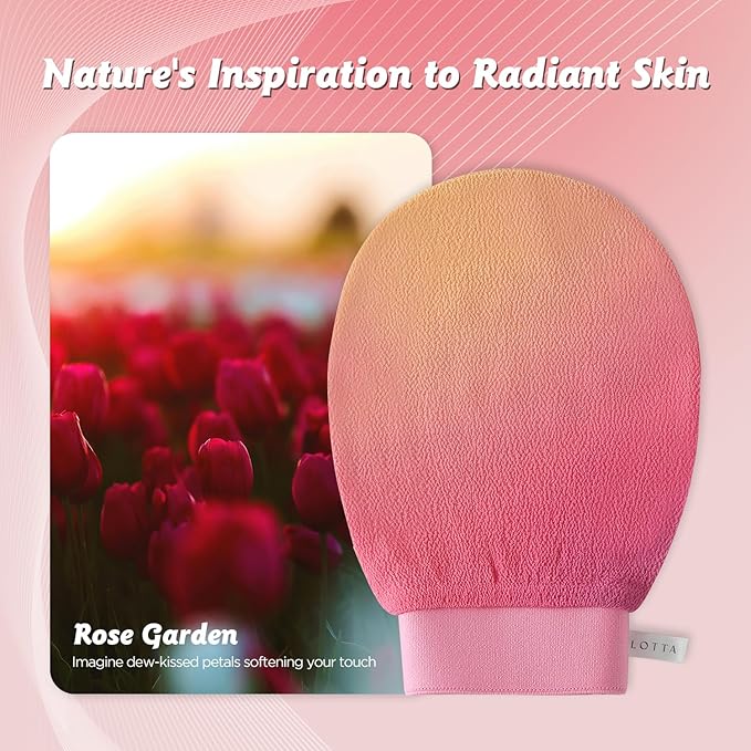 LOTTA Dreamy-Glow Deep Exfoliating Glove - Vegan Dead Skin Removal Body Scrub Mitt Bath Washcloth for Women Shower Exfoliation (Rose Garden)