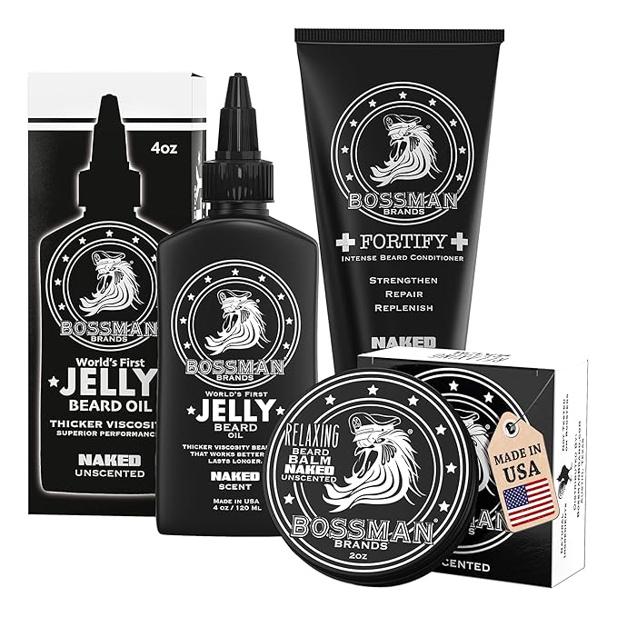 Bossman Essentials Beard Kit for Men – Beard Oil Jelly, Fortifying Conditioner Cream & Beard Balm – Grooming Care Accessories (Naked - Unscented)