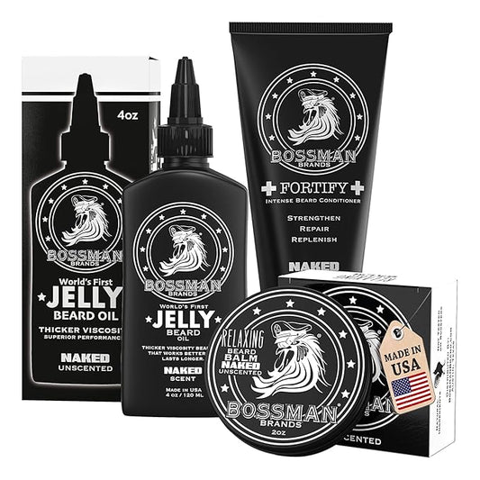 Bossman Essentials Beard Kit for Men – Beard Oil Jelly, Fortifying Conditioner Cream & Beard Balm – Grooming Care Accessories (Naked - Unscented)